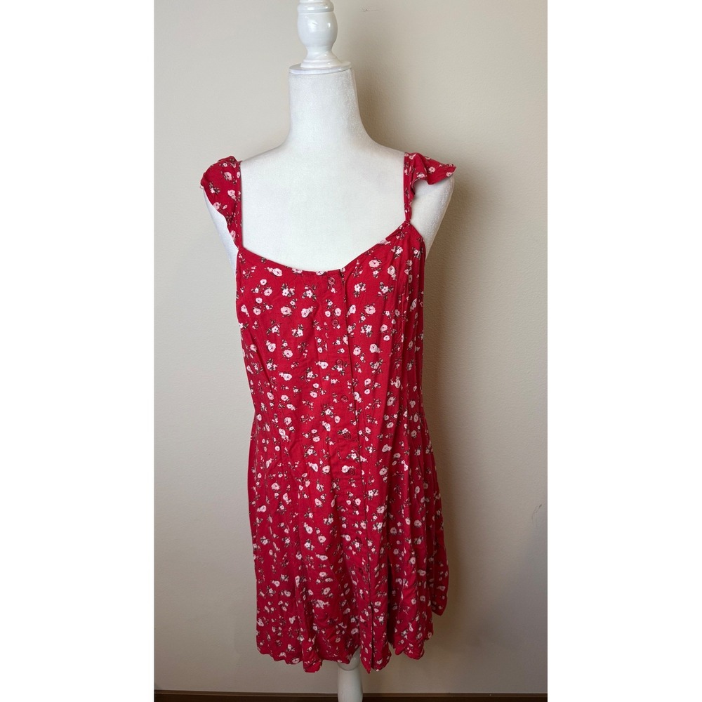 Mossimo Red Floral Ruffle Strap Mini Dress Button Front Sundress Womens Med
